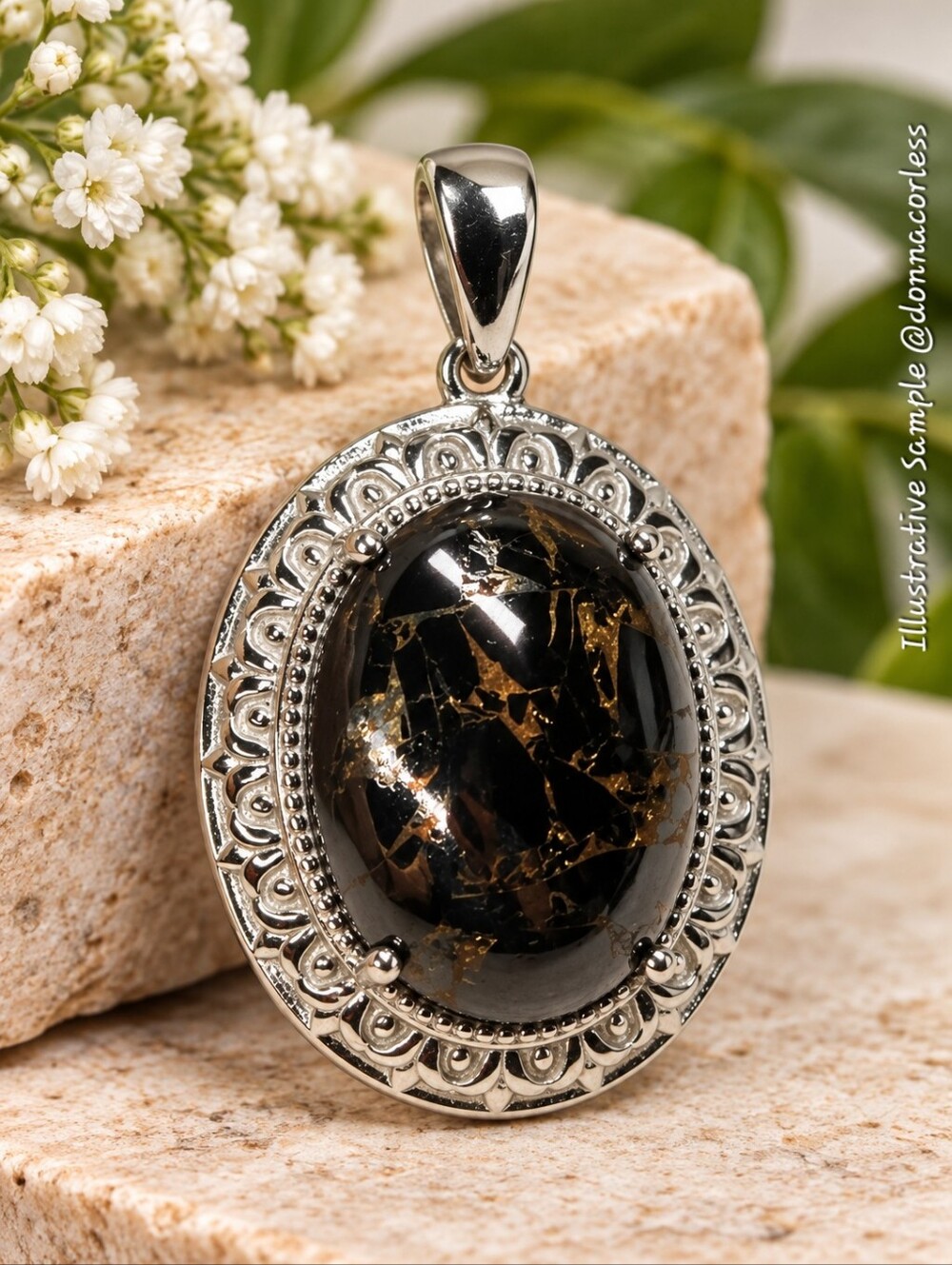 Karis Matrix Shungite Oval Pendant Platinum Bond Silver Black Gold Statement NWT